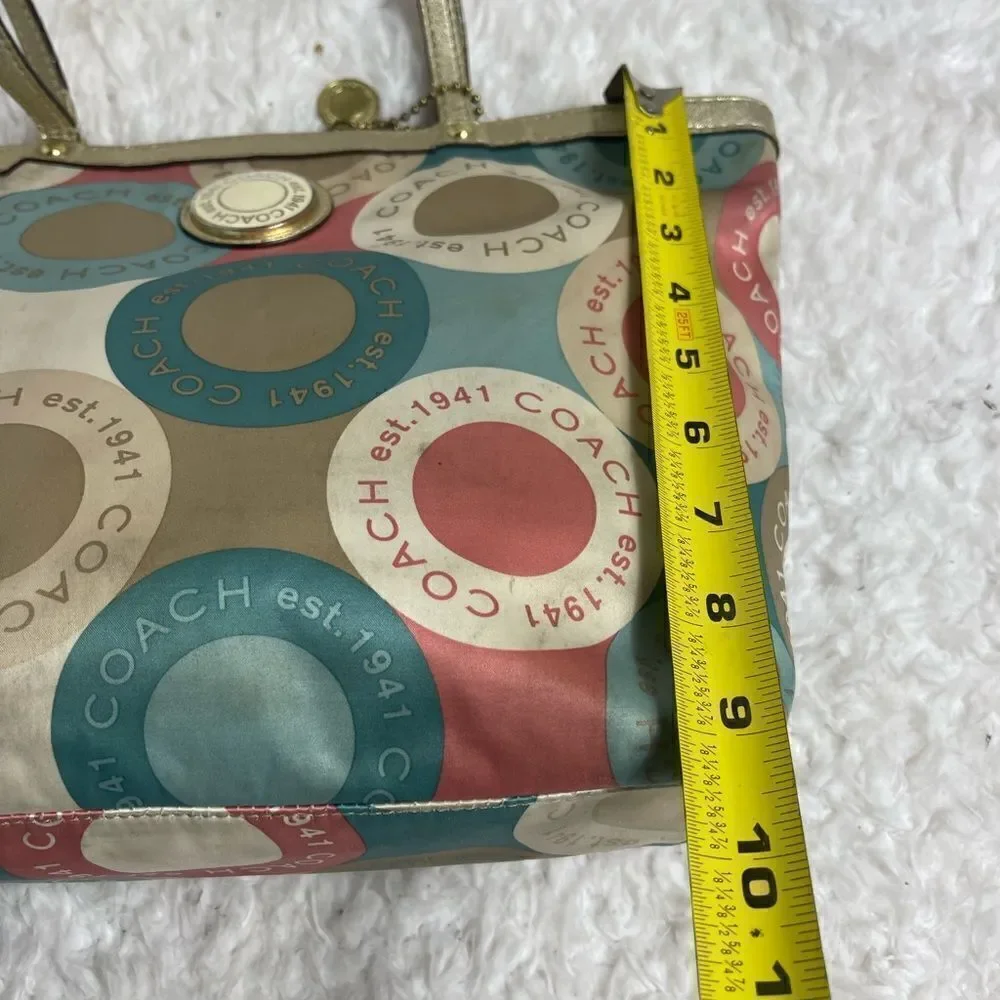 Coach satin scarf print 1941 beige ,khaki,peach & mint green color small tote. - Picture 16 of 16
